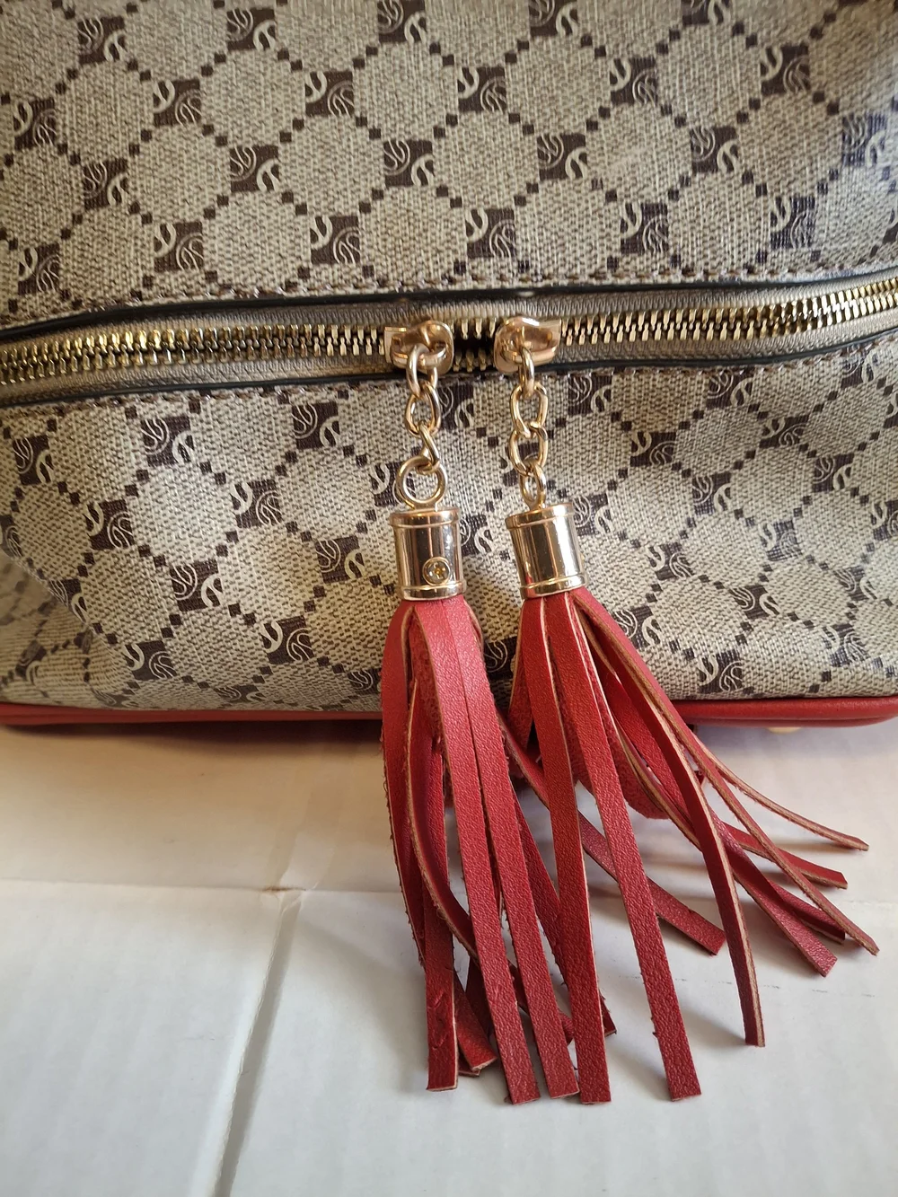 Faux-leather Red and Beige Monogram Backpack Handbag